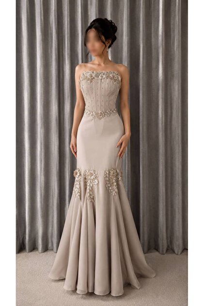 Luxury Flower Applique Mermaid Champagne Color Long Evening Dress
