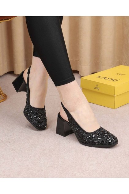 Pantofi slingback cu toc, cu detalii din piatră neagră Victoria