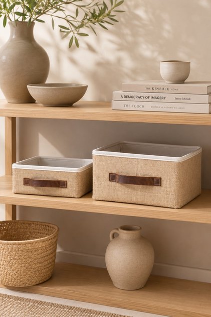 2-Piece Coverless Jute Organizer Set S + L Size 26X20X10 cm + 35X26X15 cm In-Cabinet Shelf Bathroom Organizer