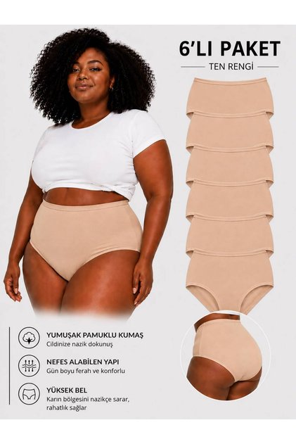 Set of 6 Plus Size Panties 100% Cotton High Waist Underwear