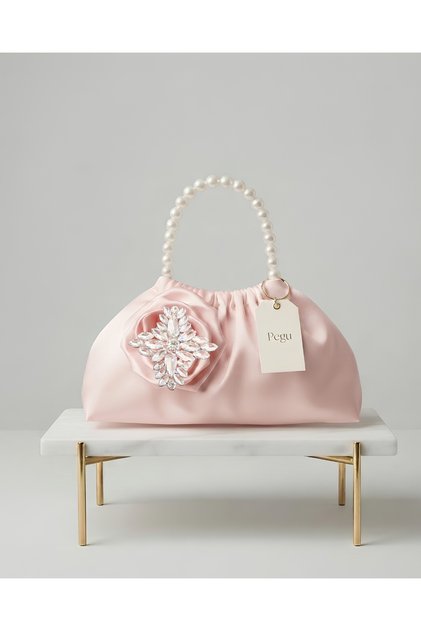 Royale Series Pearl Handle, Ruffled Rose Patterned, Handmade Luxury Bag, Wedding, Evening Dress, Engagement, Celebration, Daily Use.