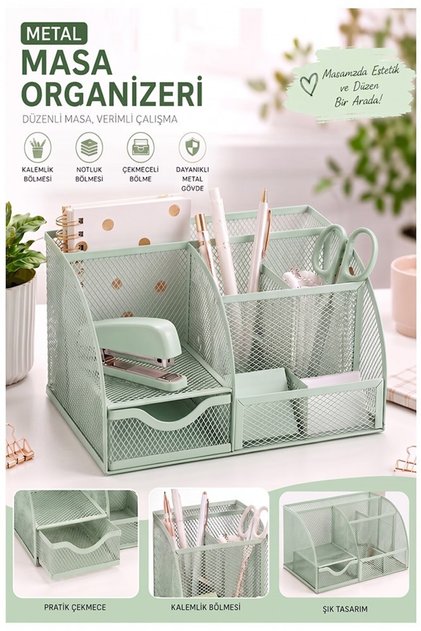 Colorful Desktop Metal Pen Holder Set with 7 Compartments, Mesh Desk Organizer Cube, Note Holder, Paper Clip Holder, Drawer