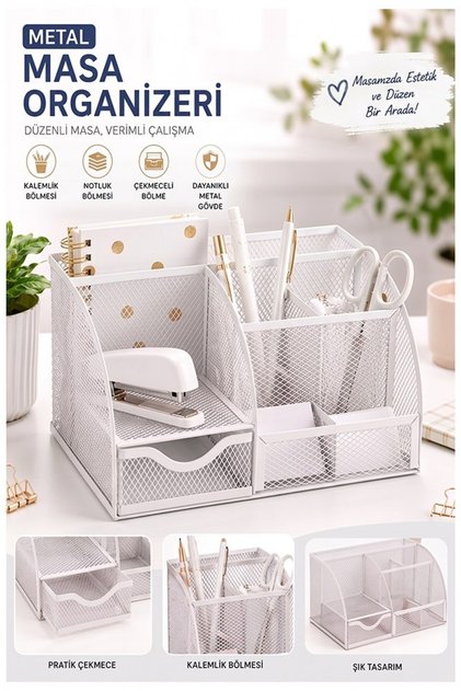 Colorful Desktop Metal Pen Holder Set with 7 Compartments, Mesh Desk Organizer Cube, Note Holder, Paper Clip Holder, Drawer