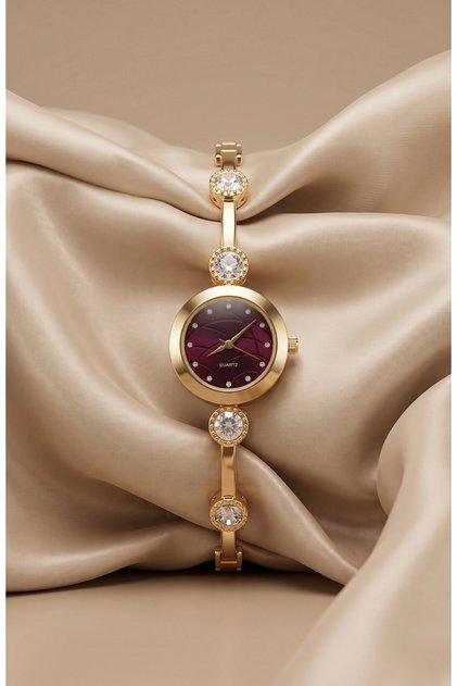 Women's Steel Watch with Cuff Strap Gold Color & Burgundy Dial Stone-Studded Watch Vintage Watch Old Money Classic Stylish Elegant Premium Women's Wristwatch | Luxury Edition 2026