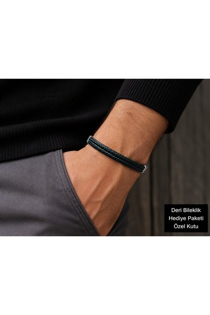 Emeraude Duo Men's Braided Leather Bracelet with Silver Color Metal Detail and Stylish Design