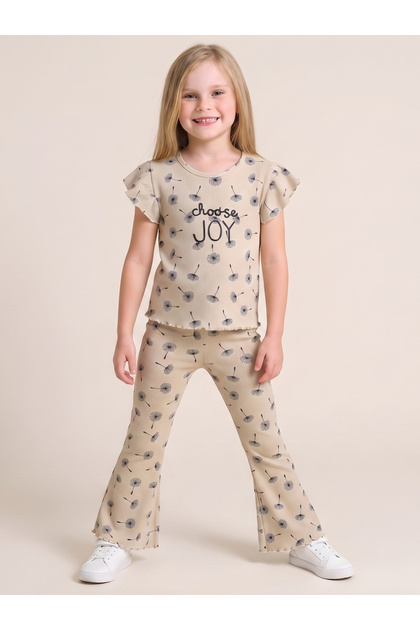 Girls Beige Ribbed Ruffle Top and Flare Pants Set