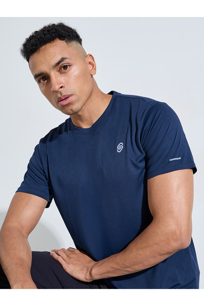 Navy Blue Regular Fit Activewear T-Shirt with Front and back Reflector Print