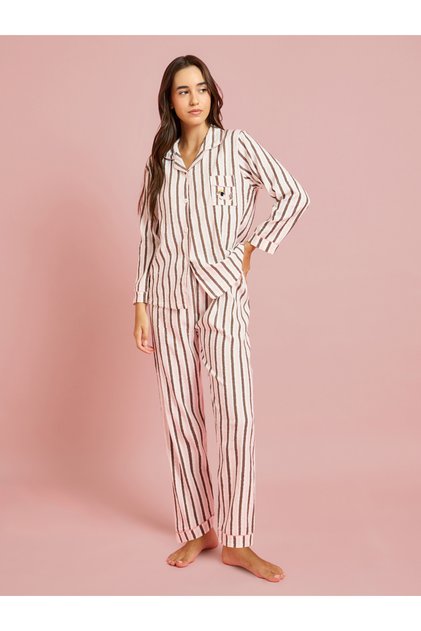 Beige Striped Collar Shirt and Pyjama Set