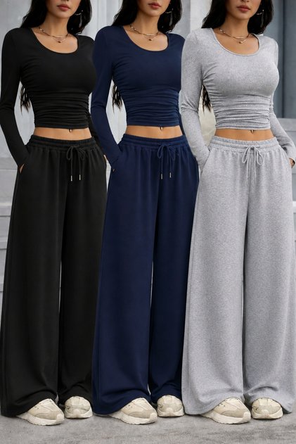 Women's 3-Piece Black Gray Navy Blue Oversize Sweatpants Set - Flexible Waist with Adjustable Laces