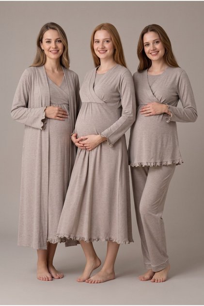 Women's Beige Double-Breasted Collar Breastfeeding Detailed Long Sleeve Maternity Pajama Nightgown Set