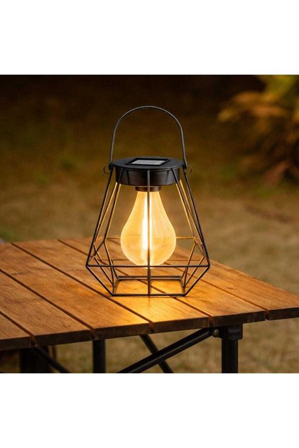 Lampa solara LED Hoff, felinar cu bec filament, metal + plastic, H 17 cm, negru, exterior