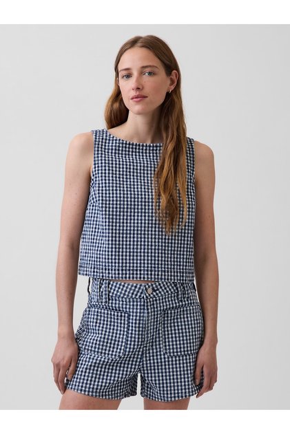 Kadın Lacivert Gingham Denim Crop Shell Kolsuz Üst