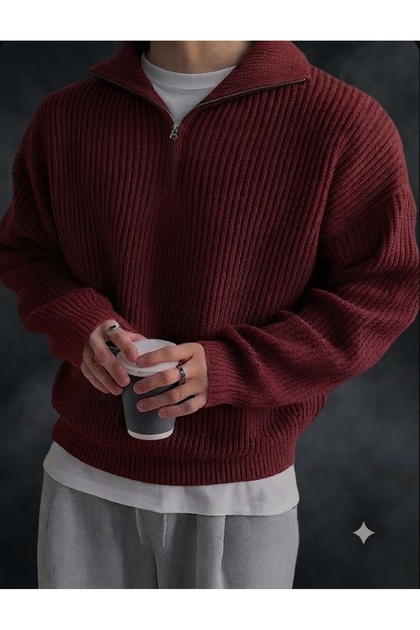 Men's Long Sleeve Owersize Stand Collar Thick Winter 100% Cotton Knitwear Sweater