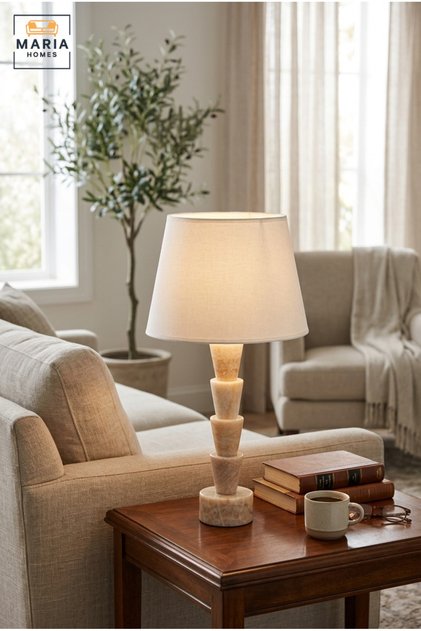 Luxury Sculptural Marble Table Lamp with White Fabric Shade and Geometric Stacked Base for Bedroom, Living Room, Office, Hotel and Bedside Décor