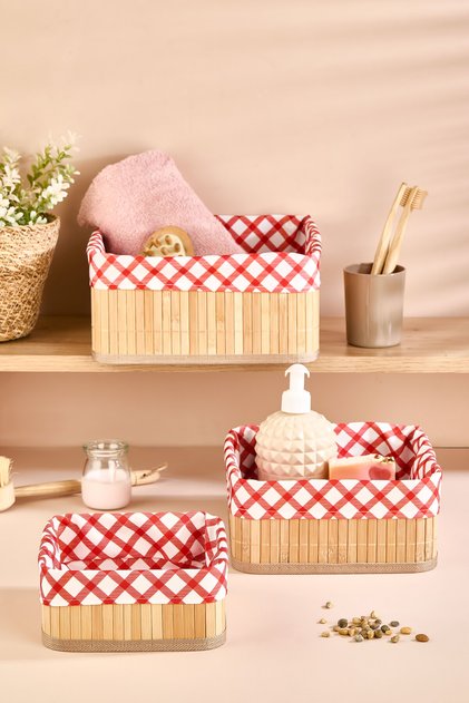 Bamboo Square 3-Piece Multi-Purpose Organizer Basket Set with Red Plaid Fabric