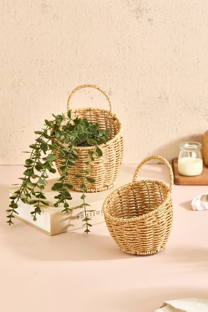 Rattan Görünümlü 2 Parça Çok Amaçlı Asılabilir Sepet Seti