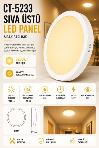 CT-5233 Sıva Üstü LED Panel 18W 3200K Sarı Işık Beyaz Kasa – 21 cm Çap 2,7 cm
