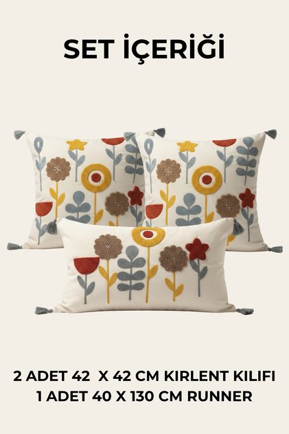 Flora Ritim Punch Embroidered 3-Piece Throw Pillow Cover Set 2 Pieces 42X42 cm + 1 Piece 35X55 cm
