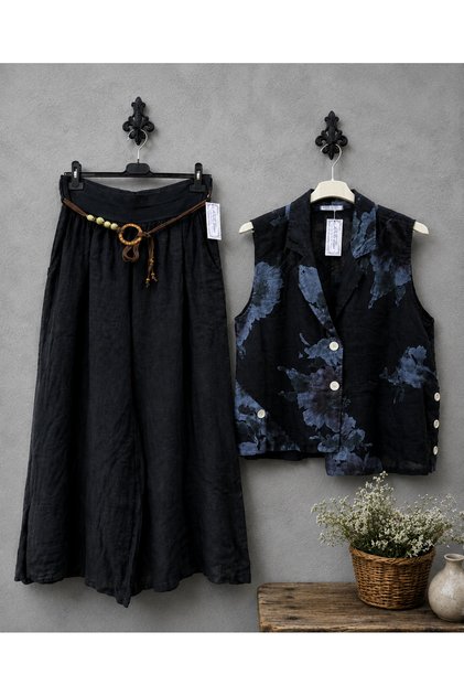 Pantaloni de damă din țesătură 100% in, originali italieni, cu vestă, mărimea 40-44