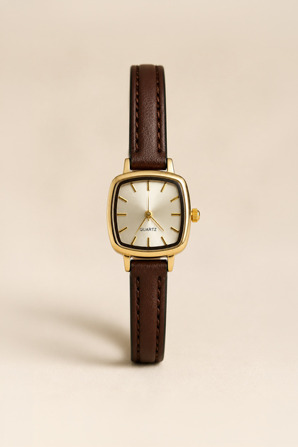 Michy Women's Wristwatch Gold Square Case Brown Leather Band Silver Dial Minimal Vintage Design Women's Watch