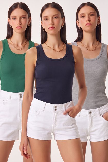 3-Piece Ribbed Thick Strap Knitted Undershirt Lrn0060 Gray Green Navy Blue