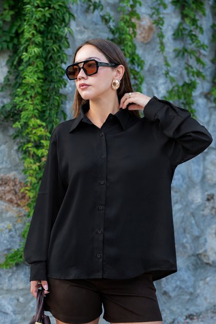 Women's Black Classic Satin Shirt (100% Satin Fabric)