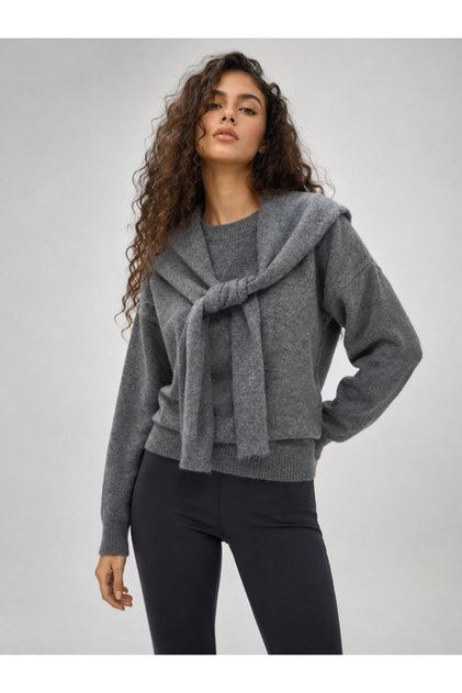Shawl Detailed Crew Neck Oversize Knitwear Sweater Aw26Kz0003