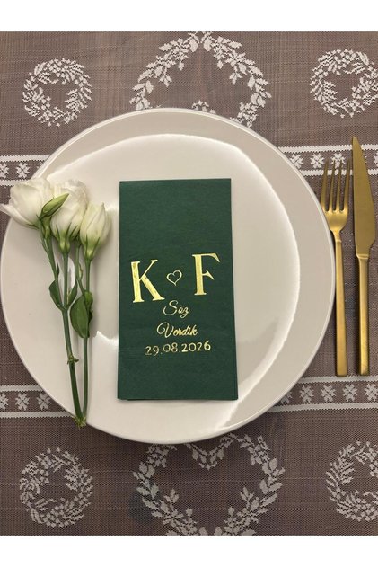 Kişiye Özel Gold Yaldızlı Kalp Detaylı Söz Verdik Garson Peçete 16 Adet Yeşil