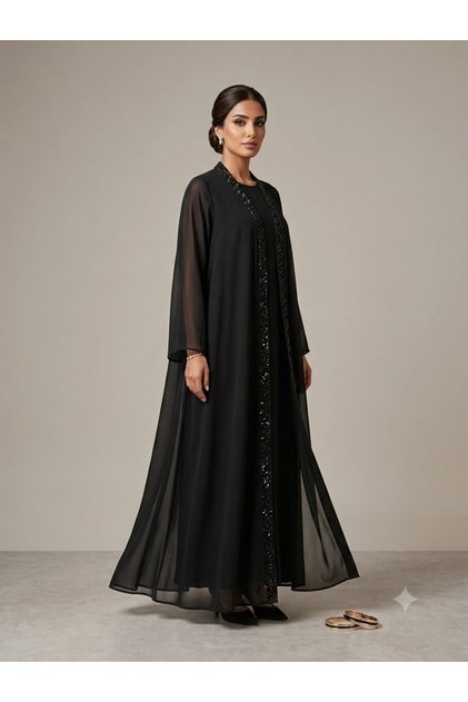 Yaka ve Önü Taş İşlemeli Çift Katlı Şifon Abaya