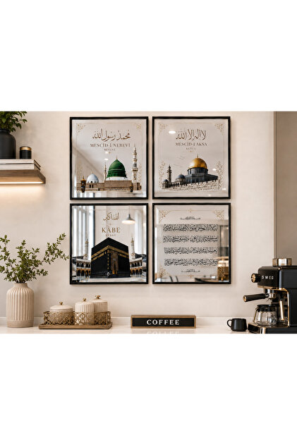 Mukaddes Mekânlar 4’lü Premium Aynalı Tablo Seti 40x40 cm Metal Çerçeveli
