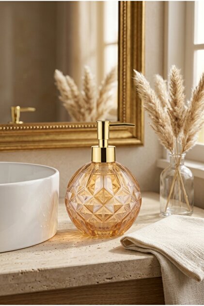Boby Diamond Globe Glass Liquid Soap Dispenser – Decorative Bathroom and Kitchen Dispenser with Gold Pump and Crystal Pattern - 16 cm X 10 cm - 500ml -