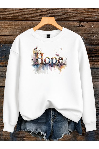 Women's Hope Written Colorful Printed Comfortable Fit Crew Neck White Casual Sweatshirt