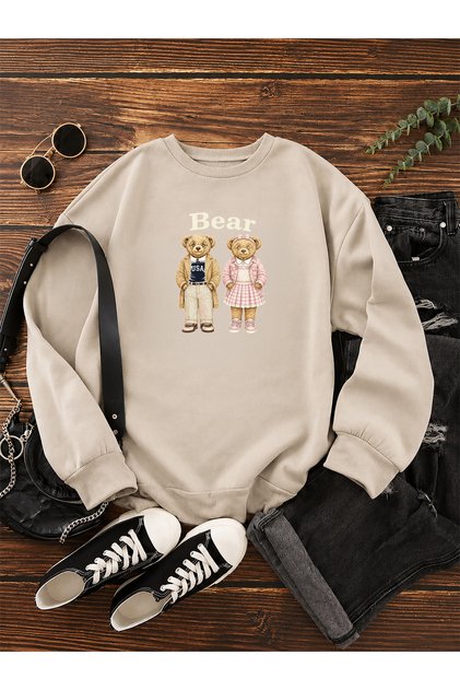 Women's College Style Bear Vintage Printed 2-Piece Teddy Bear Crew Neck Beige Sweatshirt