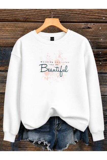Women's Beatiful Shadow Flower Printed Comfortable Fit Crew Neck White Sweatshirt