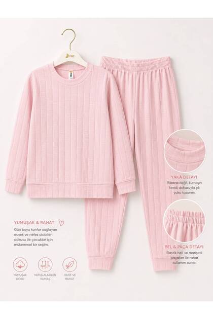 H&C Girls' Pajama Set Jacquard Long Sleeve Top and Elastic Bottom 2-Piece Set