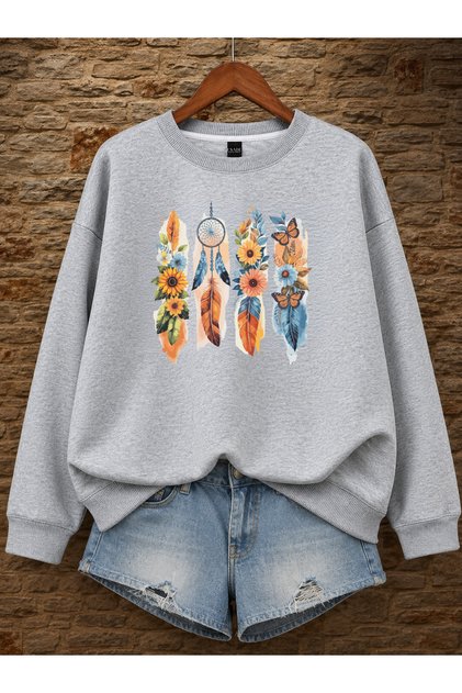 Women's Dreamcatcher and Sunflower Printed Comfortable Fit Crew Neck Gray Sweatshirt
