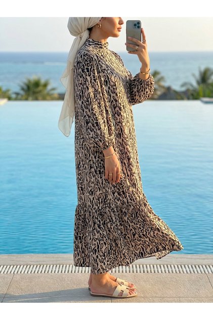 Women's Leopard Patterned Viscose Dress with Stand Collar, Comfortable Fit