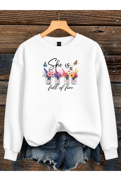 Women's Floral Special Design Graphic Printed Comfortable Fit Crew Neck White Sweatshirt