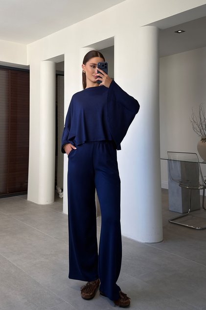 Premium Bat Sleeve Modal Suit - Dark Blue