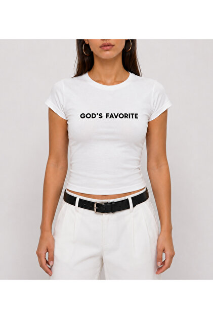 Women's White Slogan Printed Basic Crew Neck Flexible Short Sleeve Tshirt