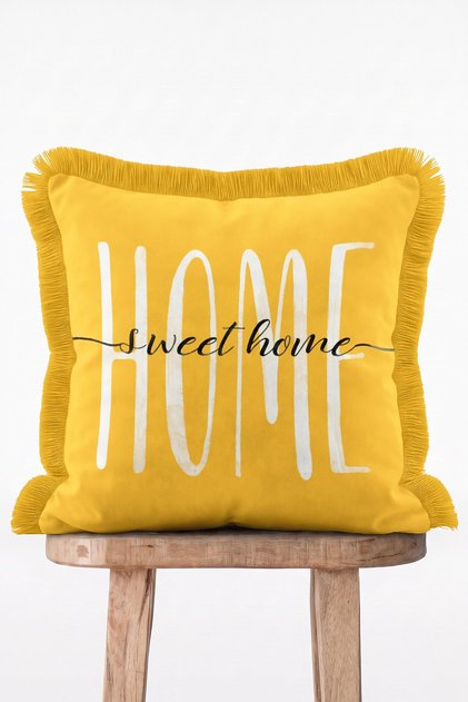 Yellow Background Home Sweet Home Written Fringed Balcony Cushion Cover
