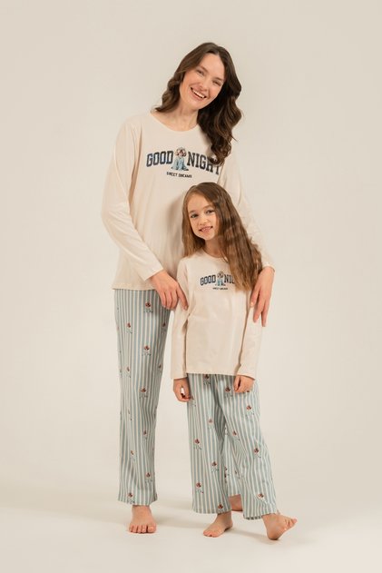 Mother & Daughter Cream Pajama Set Combination, 100% Cotton, Mother and Child Pajamas Sold Separately (Socks Included as a Gift)