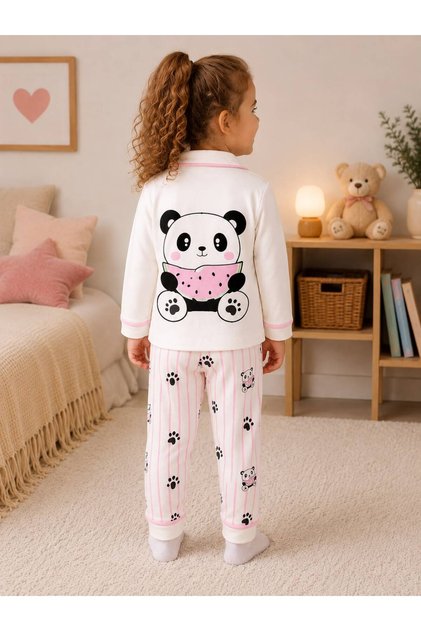 100% Cotton Long Sleeve Buttoned Panda Patterned Back Printed Soft Textured Bottom Top Girls Boys Unisex Baby Pajama Set