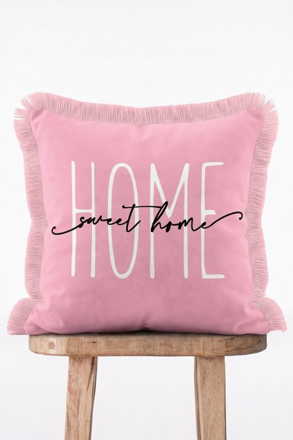 Modern Typographic Pink Fringed Throw Pillow Cover with Sweet Home Written