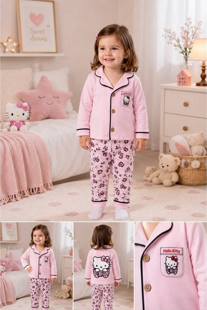 100% Cotton Long Sleeve Buttoned Sweet Kitten Patterned Back Printed Soft Textured Bottom Top Baby Girl Pajama Set
