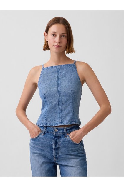 Kadın Koyu Mavi UltraSoft Denim Dikişli Kare Yaka Üst