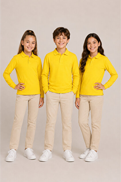 Çocuk Unisex 3'lü Polo Yaka Uzun Kollu Okul Tişört %100 Pamuk 2-14 Yaş