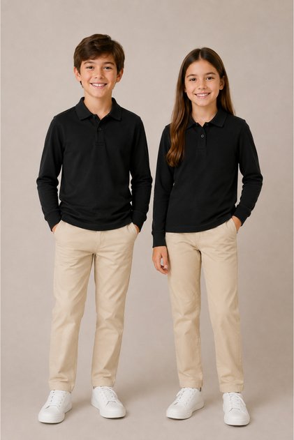 Children's Unisex 2-Piece Polo Collar Long Sleeve School T-Shirt 100% Cotton 2-14 Years