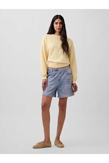 Kadın Açık Mavi 5" Mid Rise Baskılı TKnit Denim Easy Şort