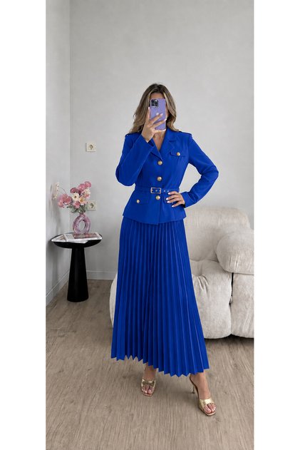 Pleated Belted Jacket Skirt Double Blazer Set